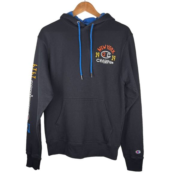 Champion New York 1919 Graphic Fleece Pullover Hoodie Sweater Black Mens Small - Picture 1 of 6